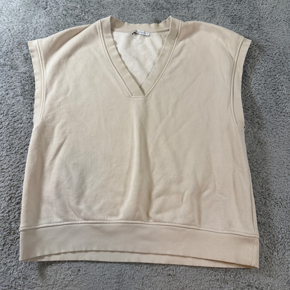 Zara Sweatshirt Vest Womens Small S Beige Tan V-Neck Sleeveless Fleece Pullover